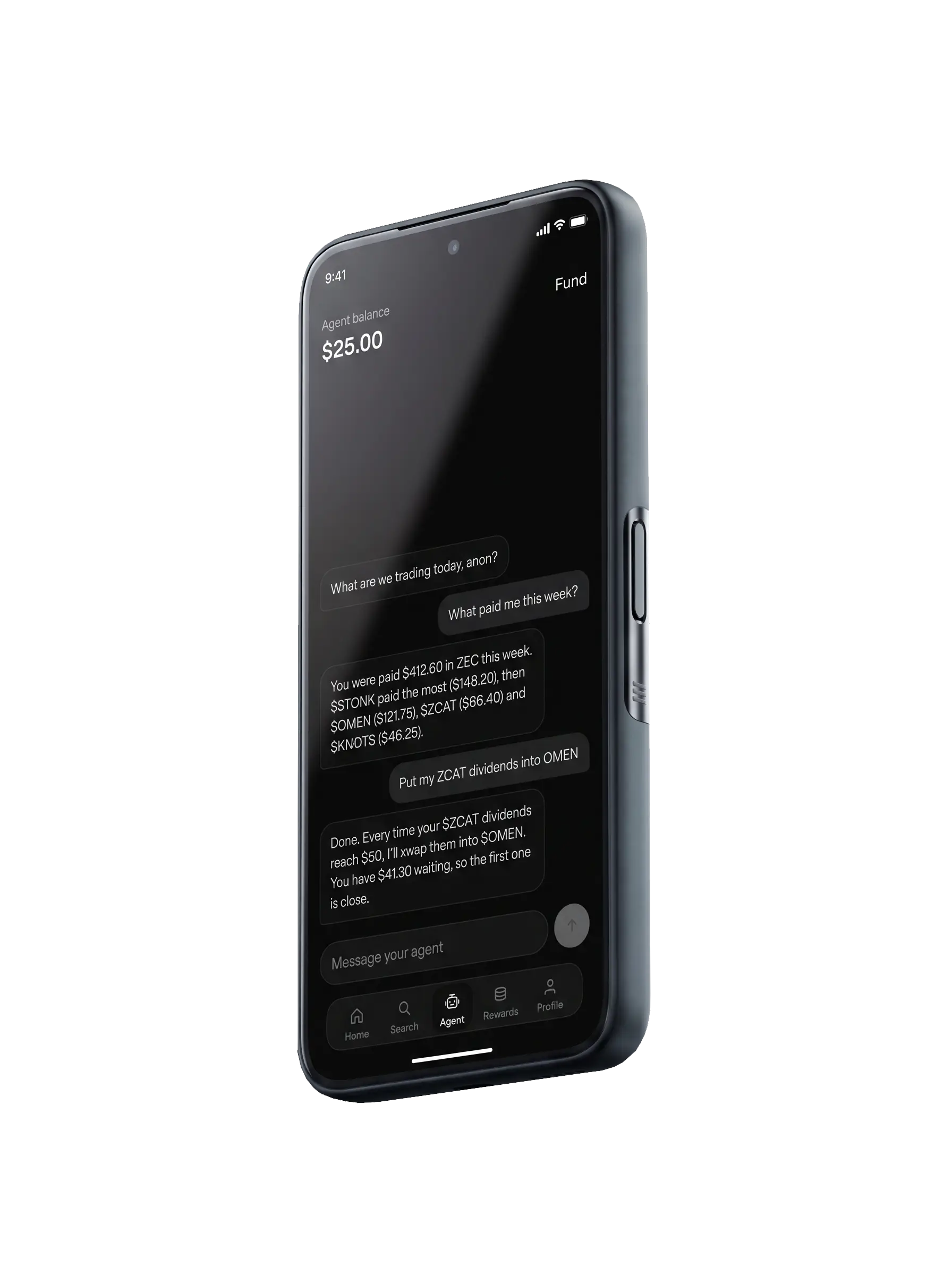 Preview of the agent: a chat where the agent researches dividend tokens and places a trade